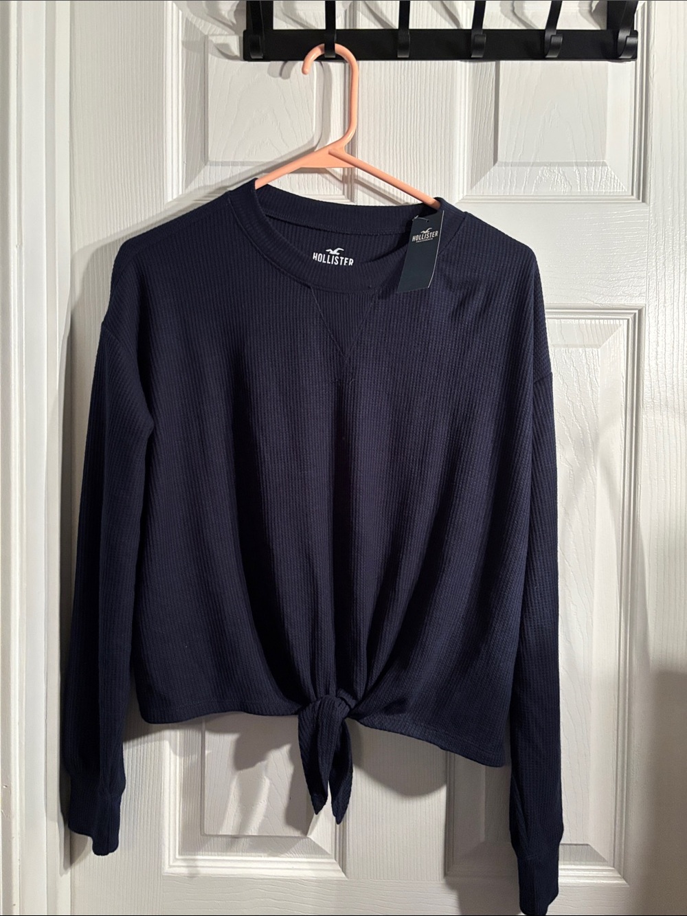 Hollister Navy Tie-Front Waffle Crewneck Sweater
